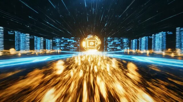 Flying forward through futuristic data tunnel, glowing financial core ahead, golden streams racing along digital corridor suggesting rapid capital movement, fintech networks, accelerated global