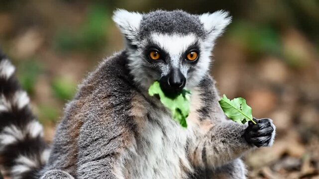 Ring tailed lemur holding green leaf close up