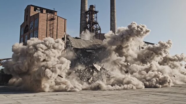 Industrial building demolition with explosive dust cloud.