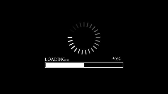 White loading bar and circular buffer icon on black background, system update concept , with video animation.