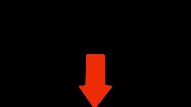 Red downward pointing arrow animation on black background, decrease or error concept , with video animation.