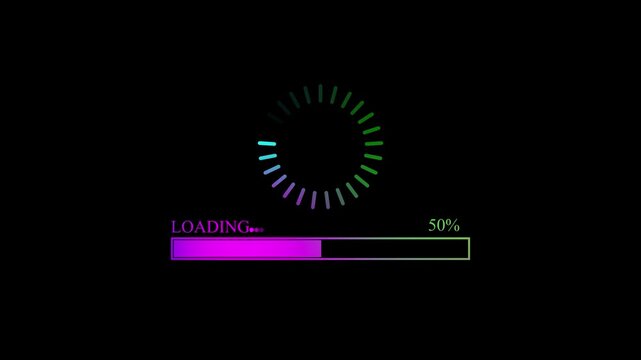 Neon gradient loading progress bar on black background, 0 to 100 percent , with video animation.