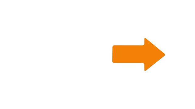 Orange sliding arrow pointing right on white background, directional sign , with video animation.
