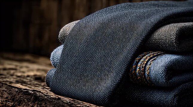 A close-up shows stacked denim on wood. The focus is on the textured fabric with a detailed weave, highlighting the rich blue tones