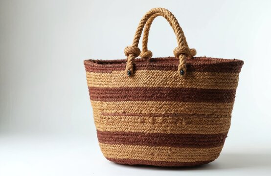 Traditional woven bag from Indonesia made of natural fibers. This rustic accessory features brown and tan stripes. Its handcrafted design adds an ethnic touch.