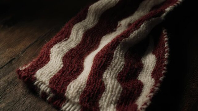 Traditional Knit Scarf. Soccer/Football Merchandise Mockup (No Brand, No Logo). Fan Merchandise. red and white knit soccer scarf laid out in a soft wave pattern, set on a dark oak wooden surface
