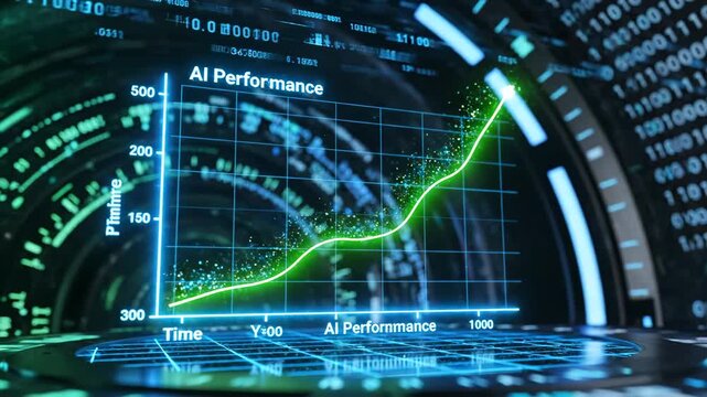 AI performance graph rising on futuristic holographic interface, glowing analytics curve showing machine learning progress and data driven optimization within advanced digital technology environment