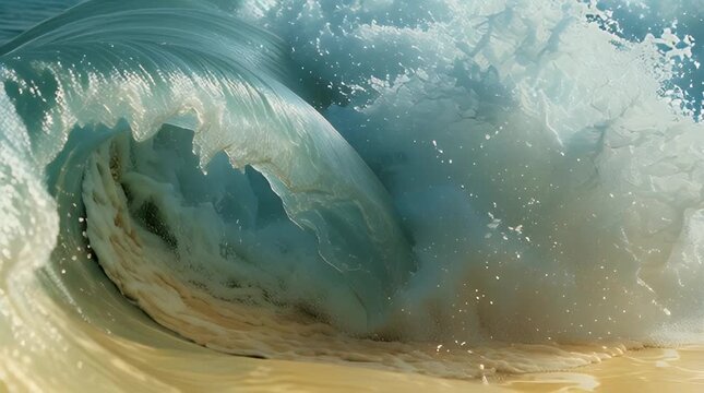A close-up view capturing the cresting of a translucent ocean wave, revealing its inner layers and the foamy texture. The lighting is golden