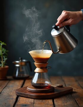 Barista pours hot water from metal kettle into pour-over coffee maker for fresh brew. Steaming beverage drips into glass carafe on wooden table. Hand makes slow coffee in cafe.