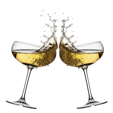 extreme macro of two crystal coupes clinking, exploding golden champagne splash frozen mid-air, high-contrast volumetric lighting on a white studio backdrop. concept for luxury beverage advertising