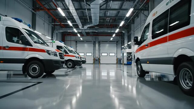 Ambulance vehicles parked inside hospital emergency garage, medical transport fleet standing ready for rapid response under bright industrial lighting, healthcare logistics and rescue readiness