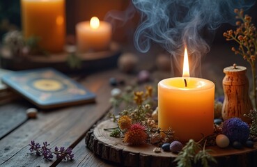 Fototapeta premium Burning candles glow on altar with tarot cards, herbs, and small objects. Gentle smoke rises from wick, creating mystic ambiance. Soft warm light illuminates sacred space, promoting peace and ritual.