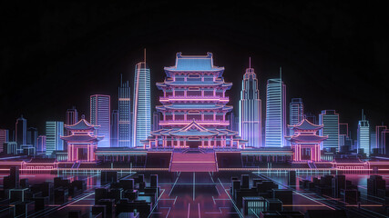 Cyberpunk Chinese style pavilions and modern buildings illustration