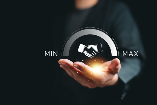 Open hand presenting handshake icon with satisfaction gauge from minimum to maximum, representing customer satisfaction, partnership trust, service quality measurement, business relationship success.