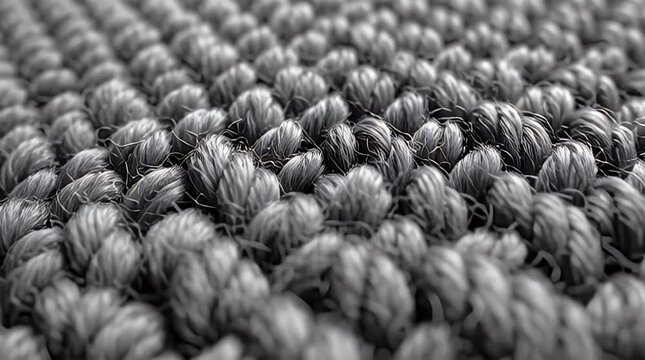 A close-up view of a gray woven material, possibly carpet or fabric, showing intricate textures and depth. The fibers create a bumpy pattern