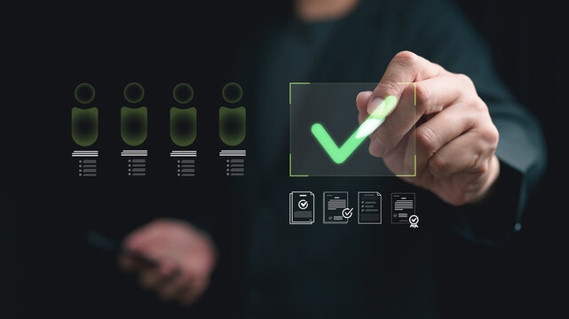 Hand use stylus select digital profile with green checkmark approval on virtual interface, representing candidate verification, recruitment screening, HR selection process, business evaluation system.