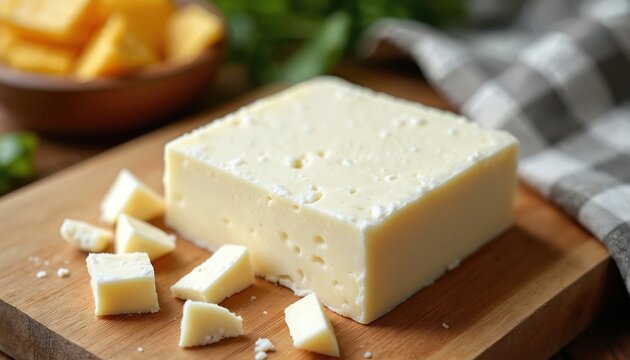 Fresh white queso blanco cheese block sits on wooden board. Small cubes are cut from main cheese piece. Some green herb garnish visible in background.