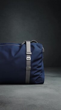 Canvas Equipment Bag. Soccer/Football Merchandise Mockup (No Brand, No Logo). Product Mockup. Navy blue canvas duffel bag with silver zippers, set on a textured concrete floor in a industrial studio
