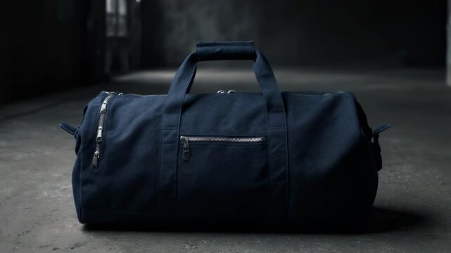 Canvas Equipment Bag. Soccer/Football Merchandise Mockup (No Brand, No Logo). Product Mockup. Navy blue canvas duffel bag with silver zippers, set on a textured concrete floor in a industrial studio
