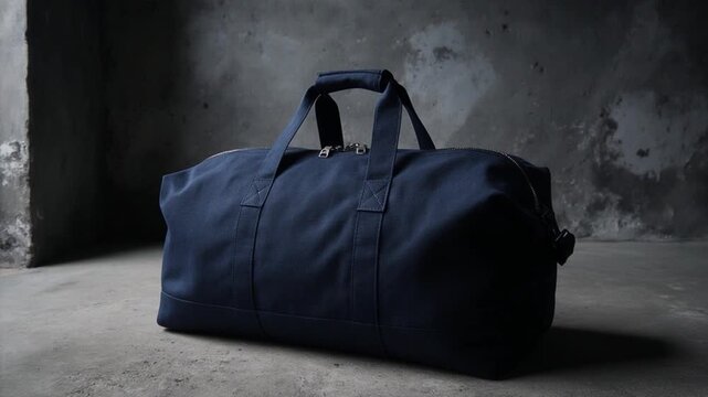Canvas Equipment Bag. Soccer/Football Merchandise Mockup (No Brand, No Logo). Product Mockup. Navy blue canvas duffel bag with silver zippers, set on a textured concrete floor in a industrial studio
