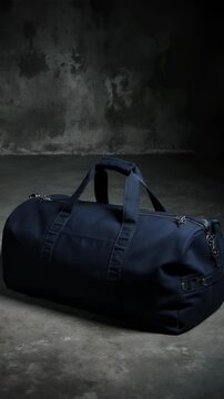 Canvas Equipment Bag. Soccer/Football Merchandise Mockup (No Brand, No Logo). Product Mockup. Navy blue canvas duffel bag with silver zippers, set on a textured concrete floor in a industrial studio

