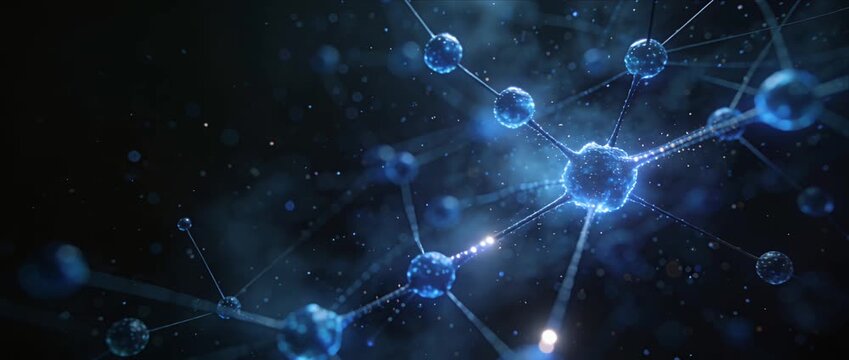 Molecule network connection science blue glowing abstract background, molecule link technology pattern micro cell structure digital visualization futuristic energy concept, modern medical molecule