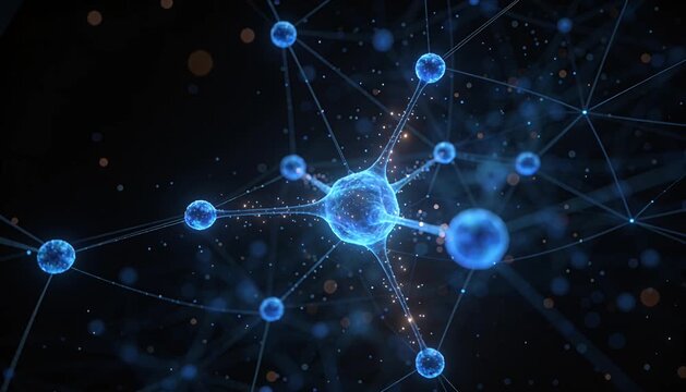 Molecule network connection science background blue energy glow digital art futuristic abstract molecular structure cluster node dynamic technology design pattern particle motion data visualization