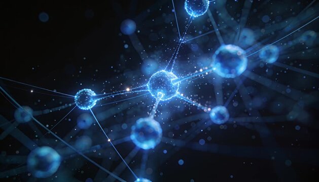 Molecule network science background glowing connection energy abstract structure futuristic molecule pattern depth field calm mood blue atom particle quantum physics micro detail modern design art