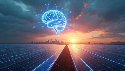 Futuristic brain hologram floats above vast solar panel array at sunset. City skyline on horizon. Smart energy grid concept for clean power.