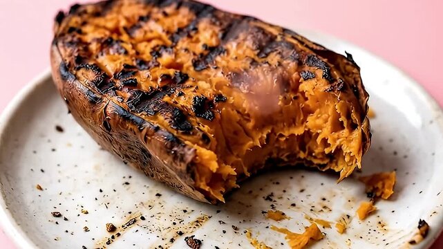 A freshly baked or roasted sweet potato, showcasing its perfectly charred skin and soft, vibrant orange interior, rests on a rustic speckled plate against a clean pink background. A noticeable bite ha