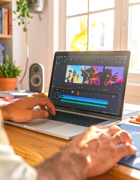 A person editing a video on a laptop
