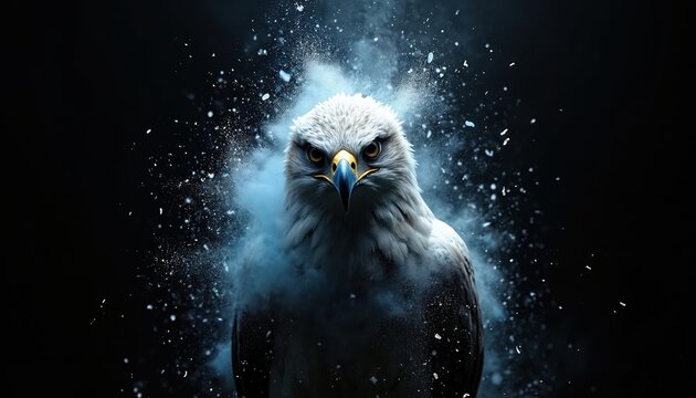 Powerful eagle stares intensely with feathers erupting in blue powder cloud effect. Intense look from wild bird against dark background. Fierce wildlife portrait.
