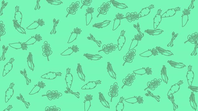 Seamless animated vegetable sketch pattern on mint green background.