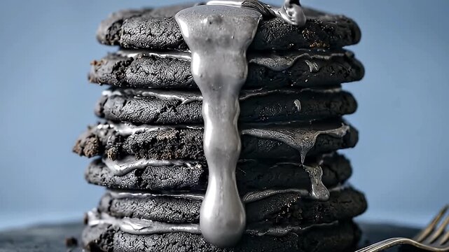 A mesmerizing close-up captures thick, lustrous silver-grey glaze cascading slowly over a tall, inviting stack of dark, richly textured cookies. Each circular biscuit boasts a delightful textured surf