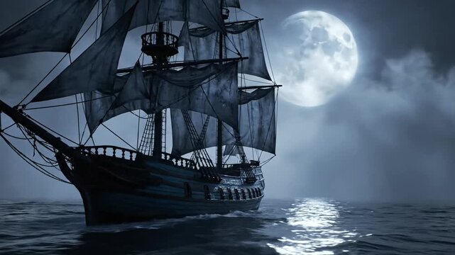 Sailing Ship Under Full Moonlight Ocean.