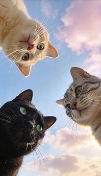 Cute cat feline pet animal minimal background sky view trio playful group upward gaze pastel cloud outdoor portrait whisker detail green eye cute cat minimal background sky view cute cat portrait