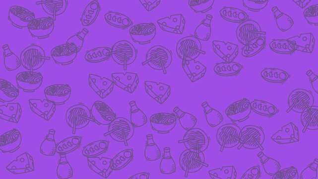 Vibrant purple seamless pattern background with hand-drawn doodle outlines of various food items like pizza, bowls, and bottles, perfect for culinary themes.