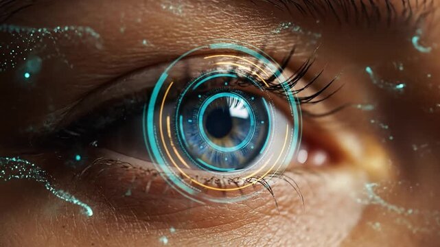 Cybernetic Eye Displays Futuristic Holographic Interface and Data Analysis