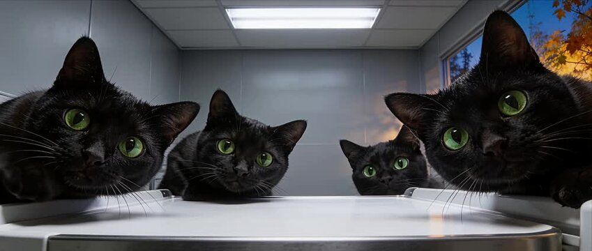 Curious cute cat group minimal background indoor scene with shiny black fur and green eye gaze playful mysterious trio on white veterinary clinic examination table modern clean wall portrait