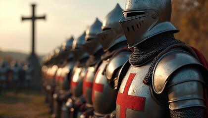 Obraz premium Knights in full metal armor with red crosses stand in a line. A large cross stands in the background. Warriors prepare for battle or a historical reenactment.