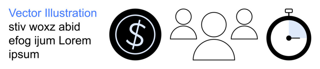 Obraz premium Finance, teamwork, time management, workforce productivity, business operations, efficiency. Black dollar sign, group of three people and a stopwatch. Finance and teamwork concepts