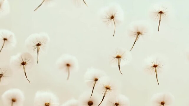 Abstract floating dandelion seeds background with delicate parachute-like structure