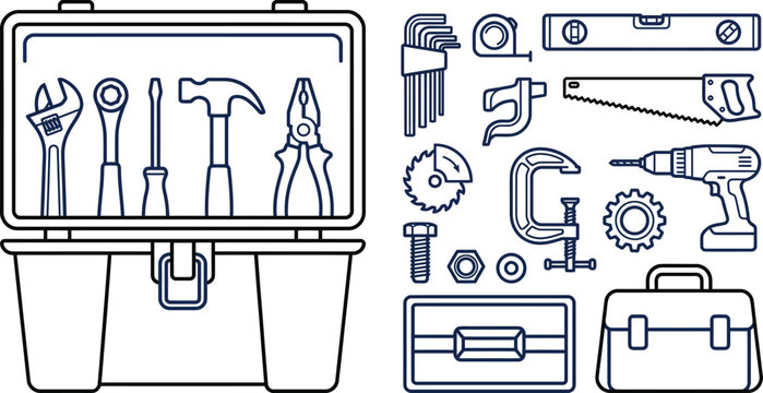 Collection of essential hand tools and portable toolbox icons presented in a clean outline style.
