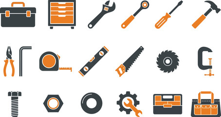 Collection of various dark grey and orange construction and repair tool icons set © Septarim