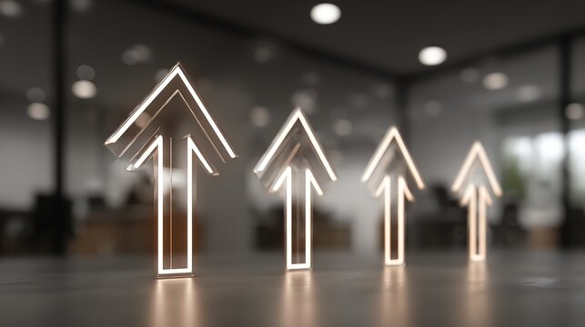 Four illuminated upward arrows on a reflective surface representing growth and progress