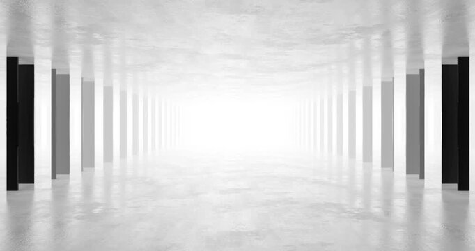 Minimalist monochrome corridor with columns and bright vanishing point 3d loop animation