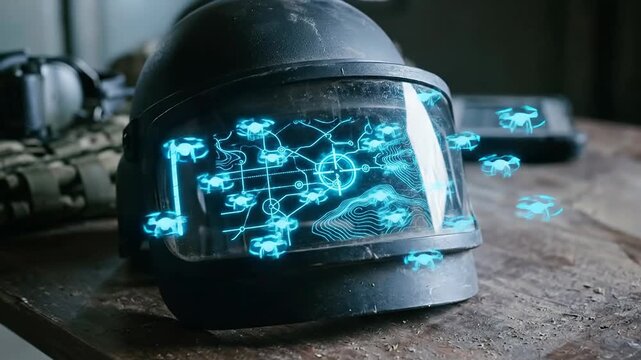 Ai warfare military autonomous drone swarm control helmet visor interface with digital combat map table tactical planning futuristic combat strategy rugged gear combat technology scenario control