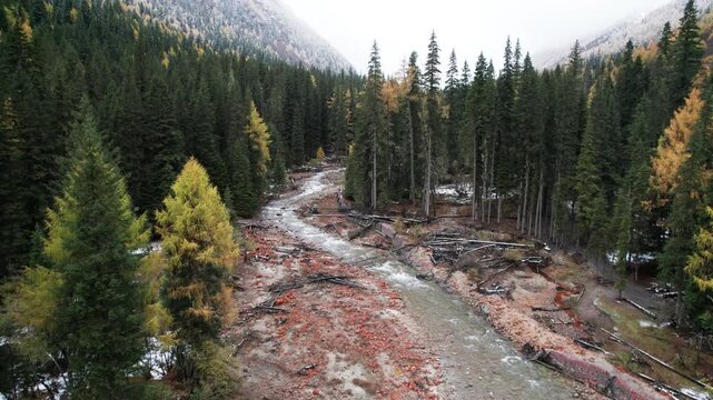 Drone view of landscape of Changping valley in Siguniang Mountain, or Four Sisters Mountain in Sichuan, China, colorful autumn forest on mountain. 4k real time footage b roll shot travel concept.
