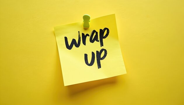 Yellow notepad paper with WRAP UP text written in black marker. Minimalist background suggests project completion or summary. Bright vibrant color stands out.