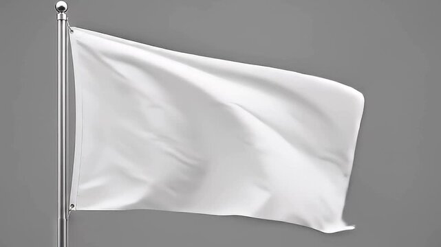 A pristine white flag flutters gracefully in a gentle breeze, attached to a gleaming metallic flagpole, set against a clean, neutral gray background. This clean, unblemished banner provides an ideal c